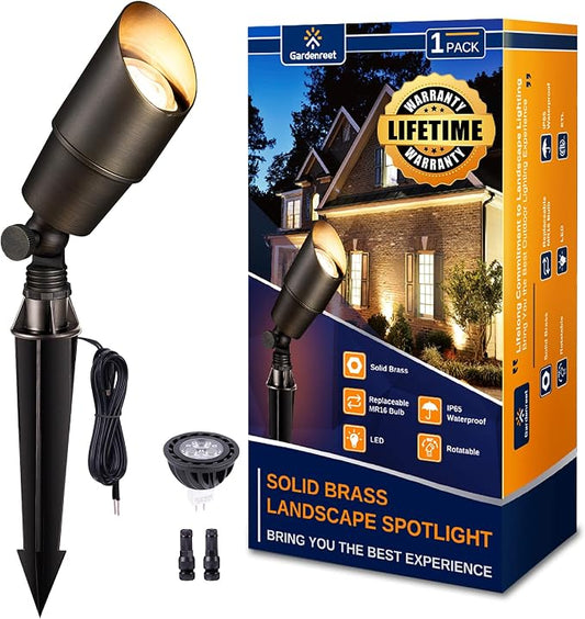 Gardenreet Brass Landscape Spotlights 12V, Low Voltage Spot Light Outdoor LED, Wired IP65 Waterproof Uplight, ETL Bronze for Garden Yard Tree House with 5W 2700K Warm White MR16 Bulb