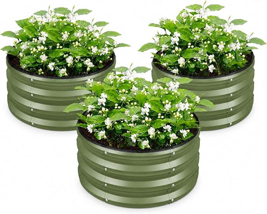 STAGE 3 Pcs Round Raised Bed, 2×2×1ft Galvanized Steel Planter Box for Small Space Gardening, Easy Assembly Elevated Garden Bed with Open Bottom Drainage for Vegetables Herbs Flowers, Olive Green