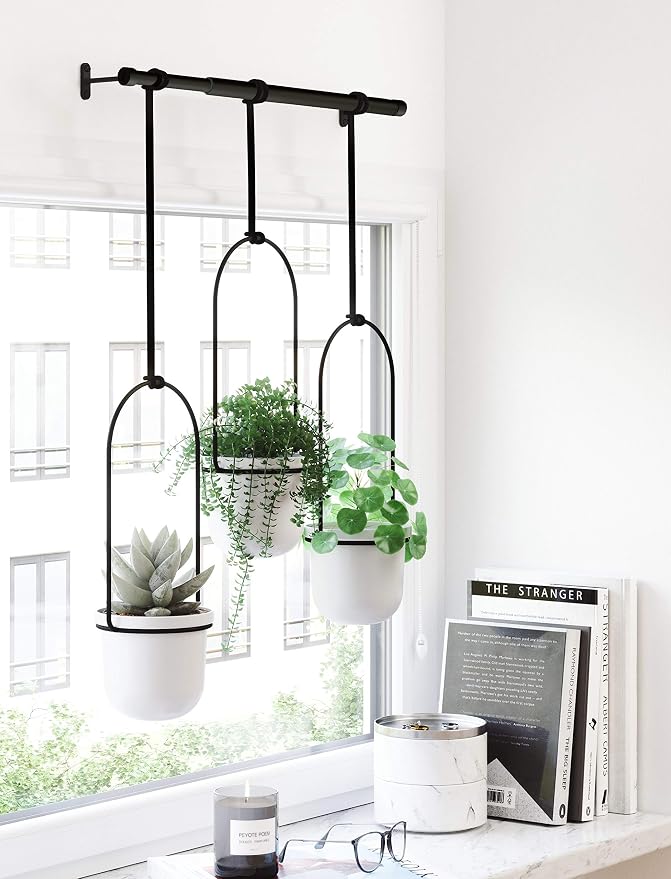 Umbra Triflora Hanging Planter for Window, Indoor Herb Garden, Set of 3, White/Black (Pack of 3)
