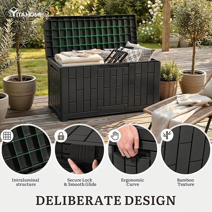 YITAHOME 60 Gallon Resin Deck Box | Weather Resistant Outdoor Rattan Storage Box with Slide-Locking Lid, Lockable Indoor Outdoor Storage for Supplies