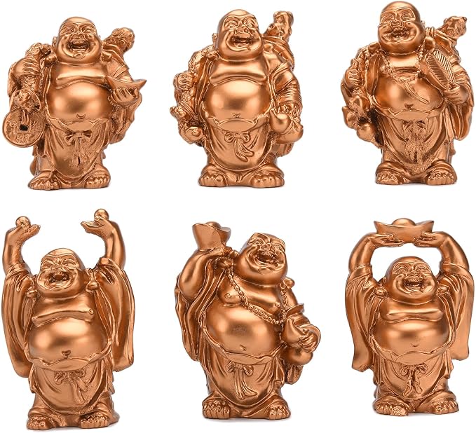 6Pcs 2.5'' Gold Resin Laughing Buddha Figurines, Tabletop Lucky Decor | Lucky Happy Maitreya Buddha Statue, Flower Pot Statue, Home Office Desk Decor, Fengshui Collection Gift Ornaments