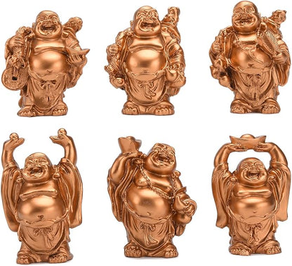 6Pcs 2.5'' Gold Resin Laughing Buddha Figurines, Tabletop Lucky Decor | Lucky Happy Maitreya Buddha Statue, Flower Pot Statue, Home Office Desk Decor, Fengshui Collection Gift Ornaments