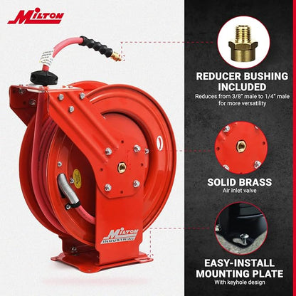 MILTON Strength Air Hose Reel w/Auto- Retractable Steel Dual Arm, Red - 2770-50D & ColorFit by Coupler & Plug Kit - (M-Style, Red) - 1/4" NPT, (14-Piece) - S-314MKIT