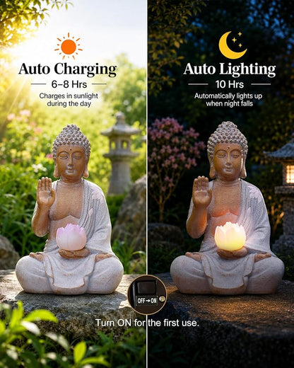 Nacome Solar Buddha Garden Statue Decor: Sitting Resin Figurine with Lotus Flower Light Zen Sculpture for Patio Lawn Yard Porch Balcony Meditation Space - 10.6 inches(White)