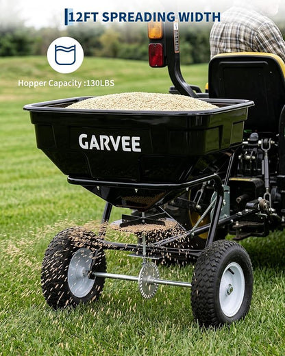 Tow Behind Broadcast Spreader, 125 LBS Large Capacity Universal Hook Tow & Push Lawn Spreader, 9.8 ft Spreading Width 30 Adjustable Settings, Compatible with UTV ATV Riding Mower & Most Tractors