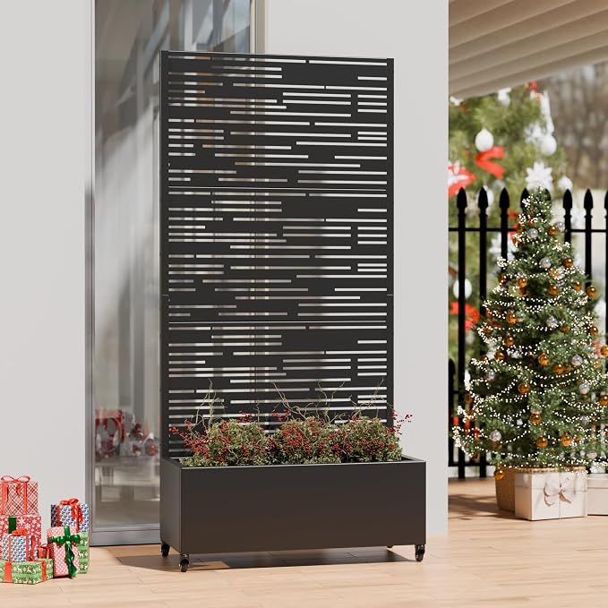 Casaphoria Metal Raised Garden Bed with Trellis and Wheels, 72"x35"x16" Planter Box for Climbing Plants, Vegetables & Vines, Features Drainage Holes and Privacy Screen (Black-Shine)