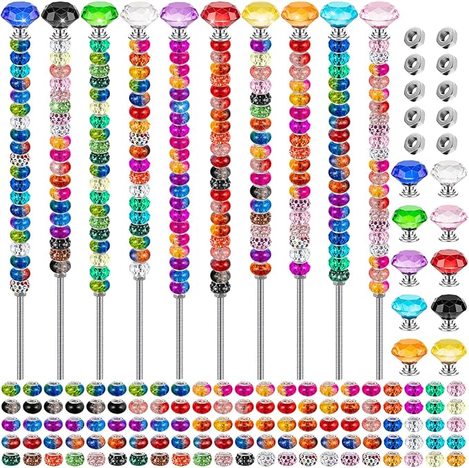 230 Pcs Beaded Garden Stakes, 12 IN Fairy Wand Garden Stake Beads Kits | 200 Colorful Assortment Round Large Hole Beads, 10 Crystal Stopper Top, 10 Threaded Rod & 10 Nuts, Outdoor Decoration