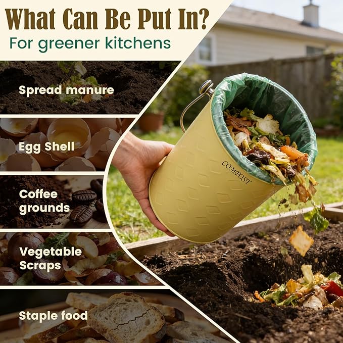 AOSION Countertop Compost Bin Kitchen,Odorless Indoor Compost Bin with Lid | 1 Gallon Composter Container,Removable Inner Bucket,50 Compost Bags,2 Carbon Filters,ideal for food scraps,coffee grounds