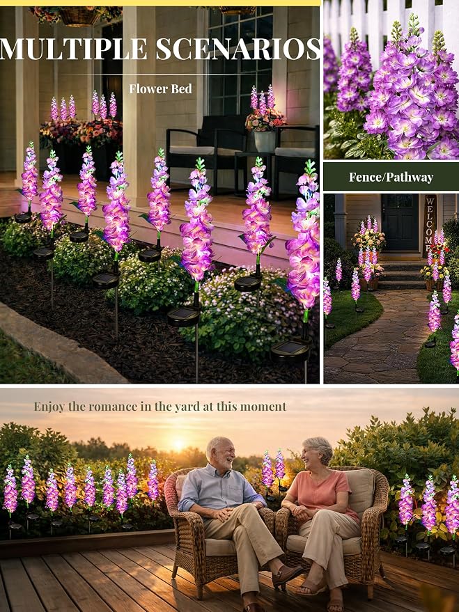 GIGALUMI Solar Lights Outdoor for Garden Decor, 2 Pack Solar Flower Lights Waterproof, 2 Lighting Modes Delphinium for Pathway,Yard, Patio, 4th of July Decoration, Gifts for Women (Purple)