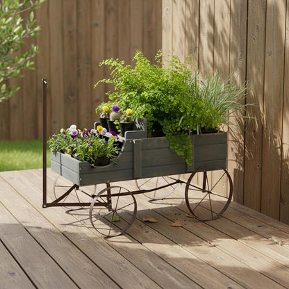 Shine Company Decorative Wagon Garden Planter, Wooden Wagon Yard Décor for Outdoor Plants, Large, Gray