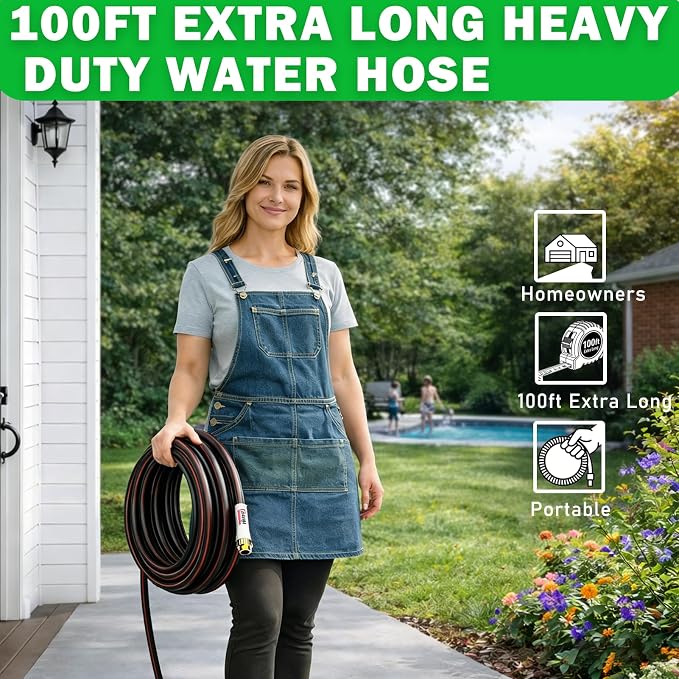YASQA 100FT Extra Long Heavy Duty Garden & Water Hose - Commercial Grade for Homeowners & Large Properties, Kink-Free Leak-Proof with Brass Fittings, 5/8 Inch Black