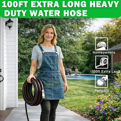 YASQA 100FT Extra Long Heavy Duty Garden & Water Hose - Commercial Grade for Homeowners & Large Properties, Kink-Free Leak-Proof with Brass Fittings, 5/8 Inch Black