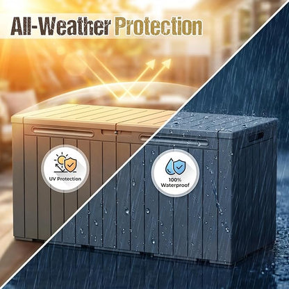 110 Gallon Deck Box Outdoor Indoor Waterproof Storage Box for Patio Furniture, Pool Accessories, Garden Tools, and Cushion Storage, Gray