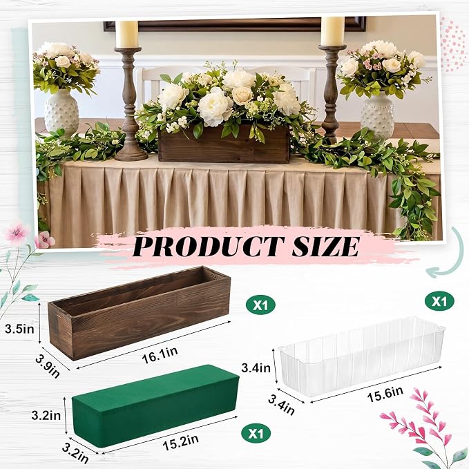 Dandat 1 Set Wood Boxes for Centerpieces 16x4 Inch Rectangle Wooden Planter Box Rustic Wooden Planters with Removable Plastic Liner Floral Foam Blocks for Christmas Wedding Home Garden Decor(Brown)