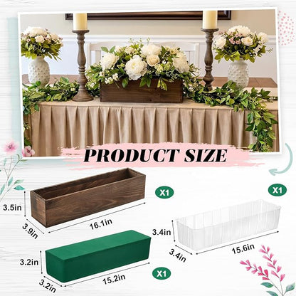 Dandat 1 Set Wood Boxes for Centerpieces 16x4 Inch Rectangle Wooden Planter Box Rustic Wooden Planters with Removable Plastic Liner Floral Foam Blocks for Christmas Wedding Home Garden Decor(Brown)