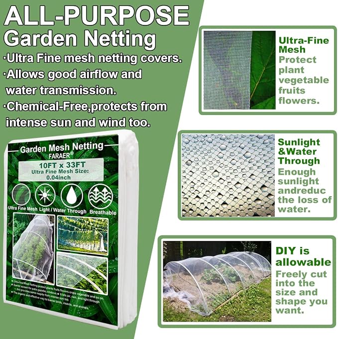 Garden Netting Kit for Raised Beds,10x33ft Ultra Fine Insect Netting Garden Bed Covers & 6 Sets of 8ft Fiberglass Garden Hoops (6 Sets Garden Hoops with White10x33ft Garden Netting)