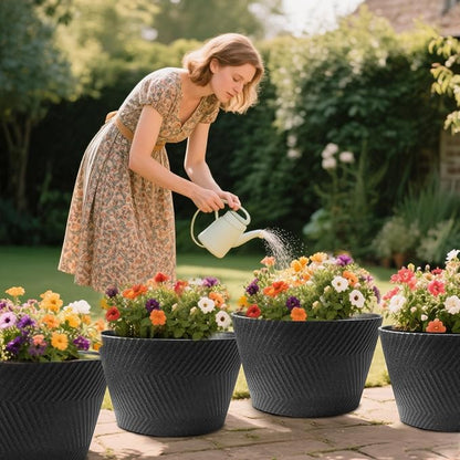 18 inch Big Plant Pots, 2 Pack Large Round Planters for Outdoor Plants, Porch, Patio, Backyard, Durable Plastic Flower Pots, Modern Décor for Tall Plants, Flowers, Black