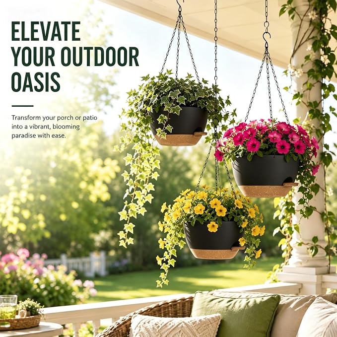 12 Inch Self Watering Hanging Planters 2 Pack, Black Brown | Plastic planters with drainage holes and saucers. Suitable for indoor, outdoor, kitchen, balcony and garden plant decor.