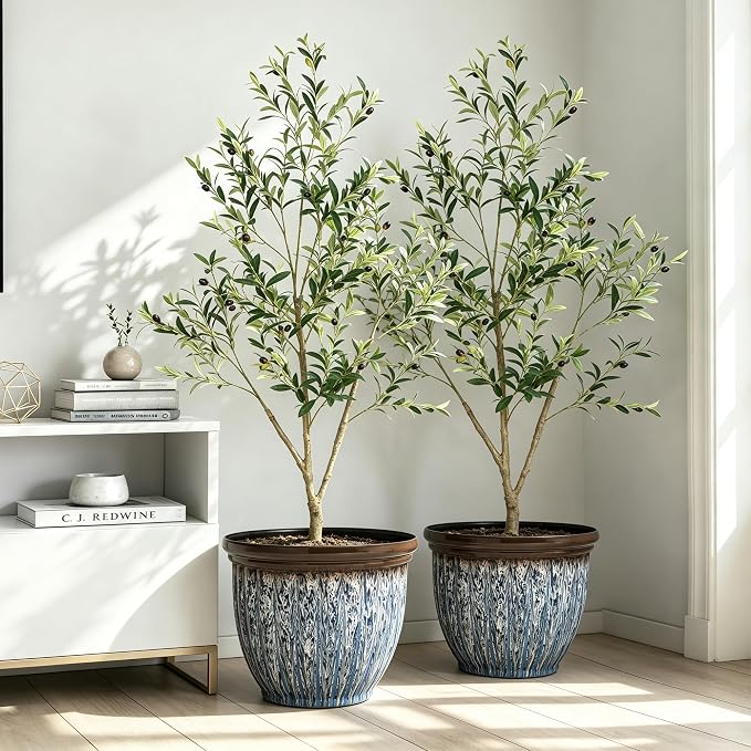 15" Large Flower Pots, 2-Pack Big Plastic Planters for Outdoor Plants | Plant Pot with 3D Textures, Artistic Floating Blue Brown Glaze, Weather-Resistant for Porch, Garden, Patio Yard or Indoor Use