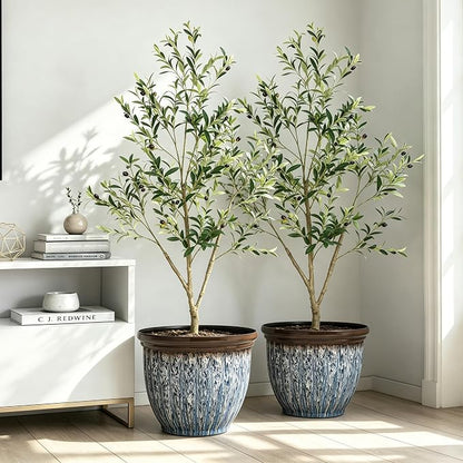 15" Large Flower Pots, 2-Pack Big Plastic Planters for Outdoor Plants | Plant Pot with 3D Textures, Artistic Floating Blue Brown Glaze, Weather-Resistant for Porch, Garden, Patio Yard or Indoor Use