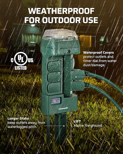 DEWENWILS Outdoor Power Stake Timer, Mechanical Strip Timer with 6ft Cord | Waterproof, 6 Grounded Outlets(3 180°Rotatable), Works for Lights, Yard, Garden, 1625W/13A, UL Listed