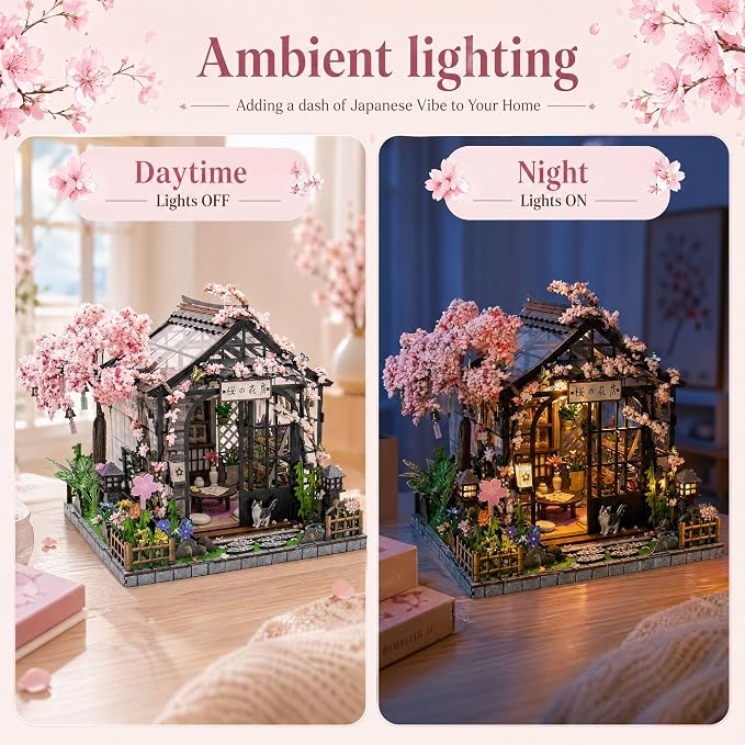DIY Miniature House Kit, DIY Book Nook with LED Light | 3D Puzzles for Adults and Teens, Building Kits for Bookshelf Decor, Creative Gift for Craft Lovers | Sakura Greenhouse