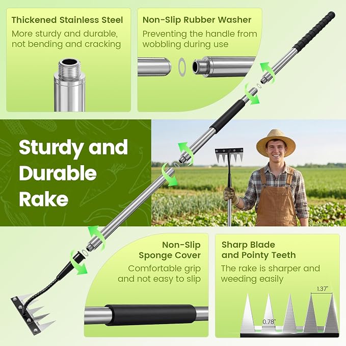 Iron Weeding Rake with Long Handle - Upgraded Rake 5 Teeth Weed Puller Tool, Heavy Duty Manual Weeder Remover Tool for Weeding, Cultivating & Soil Aeration