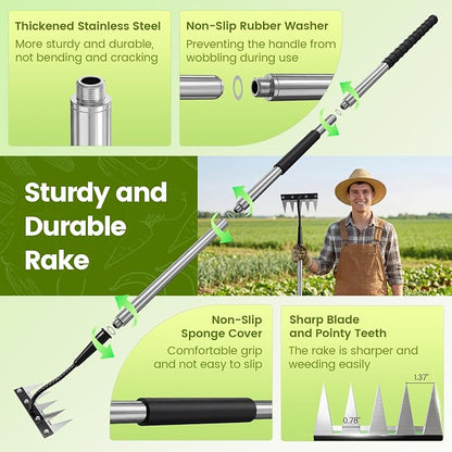 Iron Weeding Rake with Long Handle - Upgraded Rake 5 Teeth Weed Puller Tool, Heavy Duty Manual Weeder Remover Tool for Weeding, Cultivating & Soil Aeration