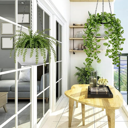 8 Inch Hanging Pots for Indoor Outdoor Plants Set of 2 | Self-Watering Hanging Planters with Internal Saucers, Drainage Holes & Plugs (Hooks)