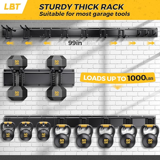 LBT 99" Garage Tool Organizer Wall Mount - 1000lbs Garden Tool Organizer with Adjustable Hooks, Heavy Duty Metal Garage Storage Rack, Anti-Rust Shed Rack Holder Hanging Rake Broom Mower Snowboard | with Adjustable Hooks, Heavy Duty Metal Garage Storage...