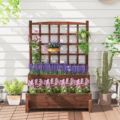 Giantex Raised Garden Bed with Legs and Trellis, 2-Tier Standing Planter Box with Drain Holes, Outdoor Elevated Garden Trellis for Vine Climbing, Flower Vegetable Fruit Herb Growing, Rustic Brown