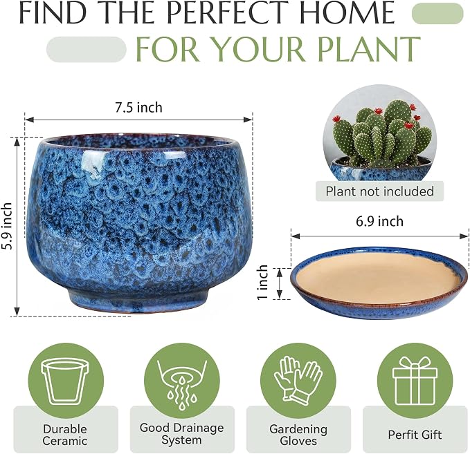 7.5 Inch Flower pots for Indoor Outdoor Plants with Saucer Drainage Leak-Proof Mesh, Ceramic Planter with Gardening Gloves for Succulent and Flower(Peacock Blue)