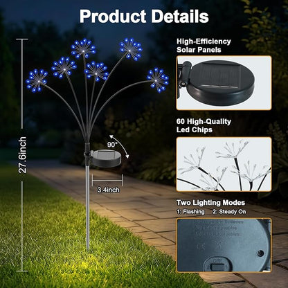 Solar Garden Lights Outdoor, Upgraded Solar Swaying Starburst Light Waterproof with 2 Modes, Solar Fairy Firework Lights for Yard Patio Pathway Flowerbed Balcony Garden Decoration (Blue, 2 Pack)