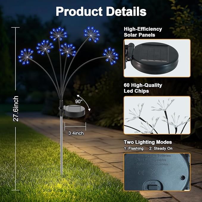 Solar Garden Lights Outdoor, Upgraded Solar Swaying Starburst Light Waterproof with 2 Modes, Solar Fairy Firework Lights for Yard Patio Pathway Flowerbed Balcony Garden Decoration (Blue, 4 Pack)