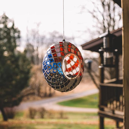 Backyard Expressions Hanging Glass Bird Feeder - Patriotic - Fly Through Bird Feeders for Outside, Mosaic Bird Feeder, Round Shape Wild Birdfeeder