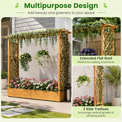Giantex Raised Garden Bed with Trellis & Hanging Roof, 77" Wooden Elevated Planter Box w/Drainage Holes, Freestanding Garden Planter for Climbing Plants Vegetable Herb Flower, Patio Backyard Garden
