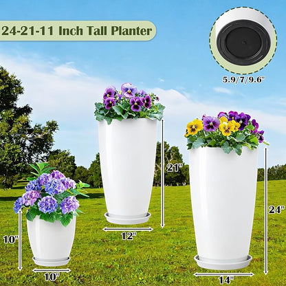 24-21-11 Inch Tall Planters Set of 3, Indoor Outdoor White Round Planter with Drainage Hole and Saucer, Large Decorative Plant Pots for Home Garden Porch (White)