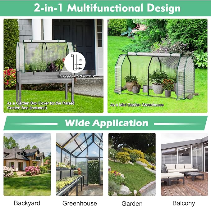 S AFSTAR Raised Garden Bed with Greenhouse Cover, Elevated Wooden Planter Box, 47”L x 24”W x 30”H, Outdoor Gardening Planting Bed for Vegetables Flowers & Herbs Grow Backyard Patio Lawn