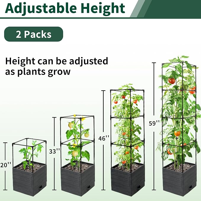 Tomato Planter with Trellis, 57 Inch Self-Watering Planter Box 2-Pack, Grey Planter with Metal Support for Outdoor Indoor Climbing Plants