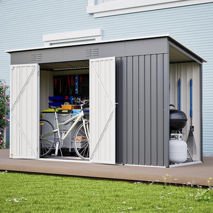 YOPTO 10x4 FT Outdoor Storage Shed, Metal Sheds with Floor Base & Open Firewood Storage,Steel Garden Shed with Lockable Doors,Sloped Roof,Windows, 2 in 1 Large Tool Shed for Patio, Backyard, Lawn.Gray