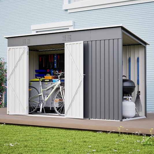 YOPTO 10x4 FT Outdoor Storage Shed, Metal Sheds with Floor Base & Open Firewood Storage,Steel Garden Shed with Lockable Doors,Sloped Roof,Windows, 2 in 1 Large Tool Shed for Patio, Backyard, Lawn.Gray