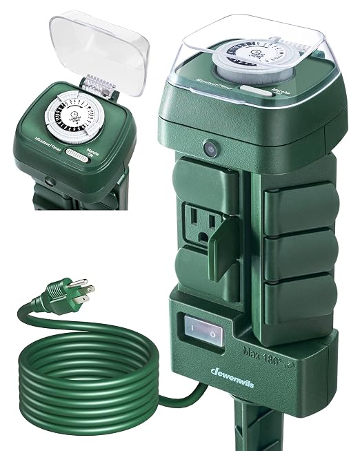 DEWENWILS Outdoor Power Stake Timer, Mechanical Strip Timer with 6ft Cord | Waterproof, 6 Grounded Outlets(3 180°Rotatable), Works for Lights, Yard, Garden, 1625W/13A, UL Listed