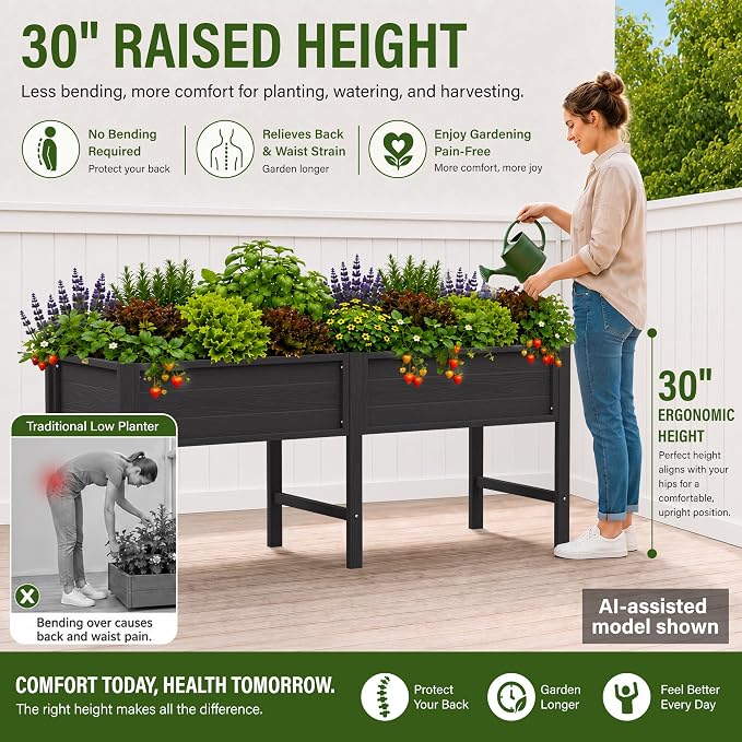 YEFU 72" Large Raised Garden Bed, Wood-Look HIPS 6ft Extra Large Bed, Black | Extra Large Garden Bed for Backyard Growing, 6ft Design, Wood-Look HIPS, Drainage, 770 lbs High Capacity Support