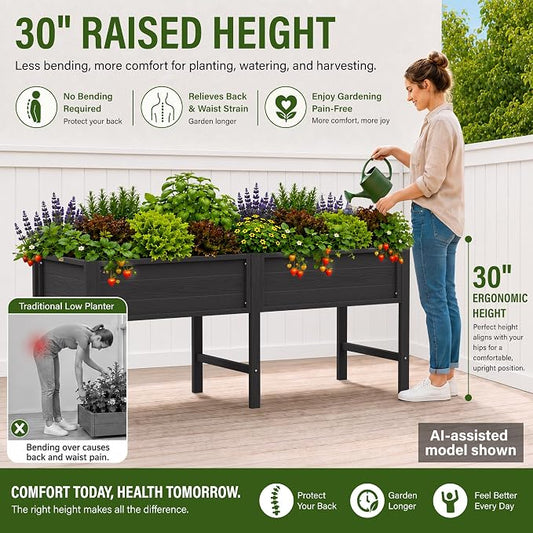 YEFU 72" Large Raised Garden Bed, Wood-Look HIPS 6ft Extra Large Bed, Black | Extra Large Garden Bed for Backyard Growing, 6ft Design, Wood-Look HIPS, Drainage, 770 lbs High Capacity Support