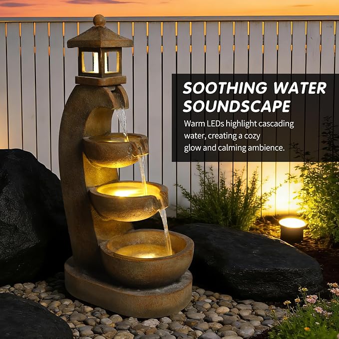 35.4" Outdoor Water Fountain, 3 Tier Bowl Cascading Freestanding Water Fountain, Outdoor Fountain with LED Lights, Lantern Style Garden Water Feature, Suitable for Patio Yard Porch, Brown