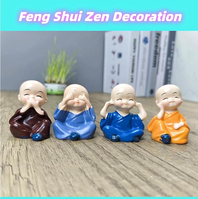 4Pcs Laughing Buddha Statue, 1.7" Buddha Statue for Wealth, Good Luck & Feng Shui, Home, Office Desk, Shelves and Zen Garden Indoor & Outdoor Decor.