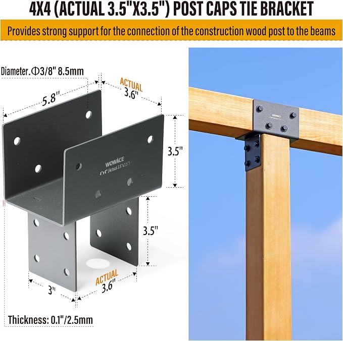2pcs 4x4 (Actual 3.5"x3.5") Post Cap Tie Bracket, Heavy Duty Stainless Steel Wood Beam Support Bracket. for Ggazebos, Patio Decks, and Porches Wood Post to Beam Support Connection (Dark Ggray)