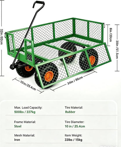 GarveeLife Heavy Duty Steel Garden Cart 500 LBS Capacity 3 in 1 Pullable Garden Wagon with 10 in Wheels for Gardening Soil, Tools, and Plant Transport