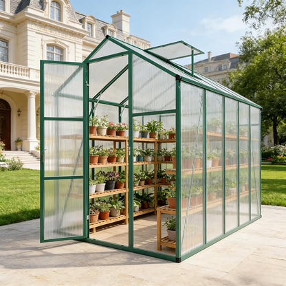 6x10 FT Greenhouse, Walk-in Heavy Duty Polycarbonate Outdoor Greenhouses with Raised Base & Anchor, Height-Enhanced Aluminum Frame, & Drainage System for Backyard All Season Growing, Green