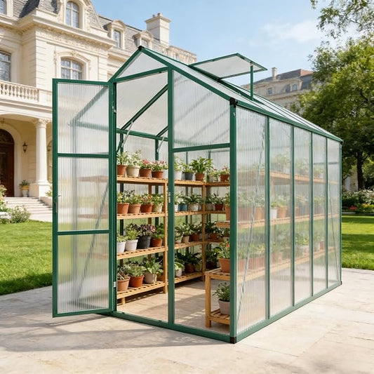 6x10 FT Greenhouse, Walk-in Heavy Duty Polycarbonate Outdoor Greenhouses with Raised Base & Anchor, Height-Enhanced Aluminum Frame, & Drainage System for Backyard All Season Growing, Green